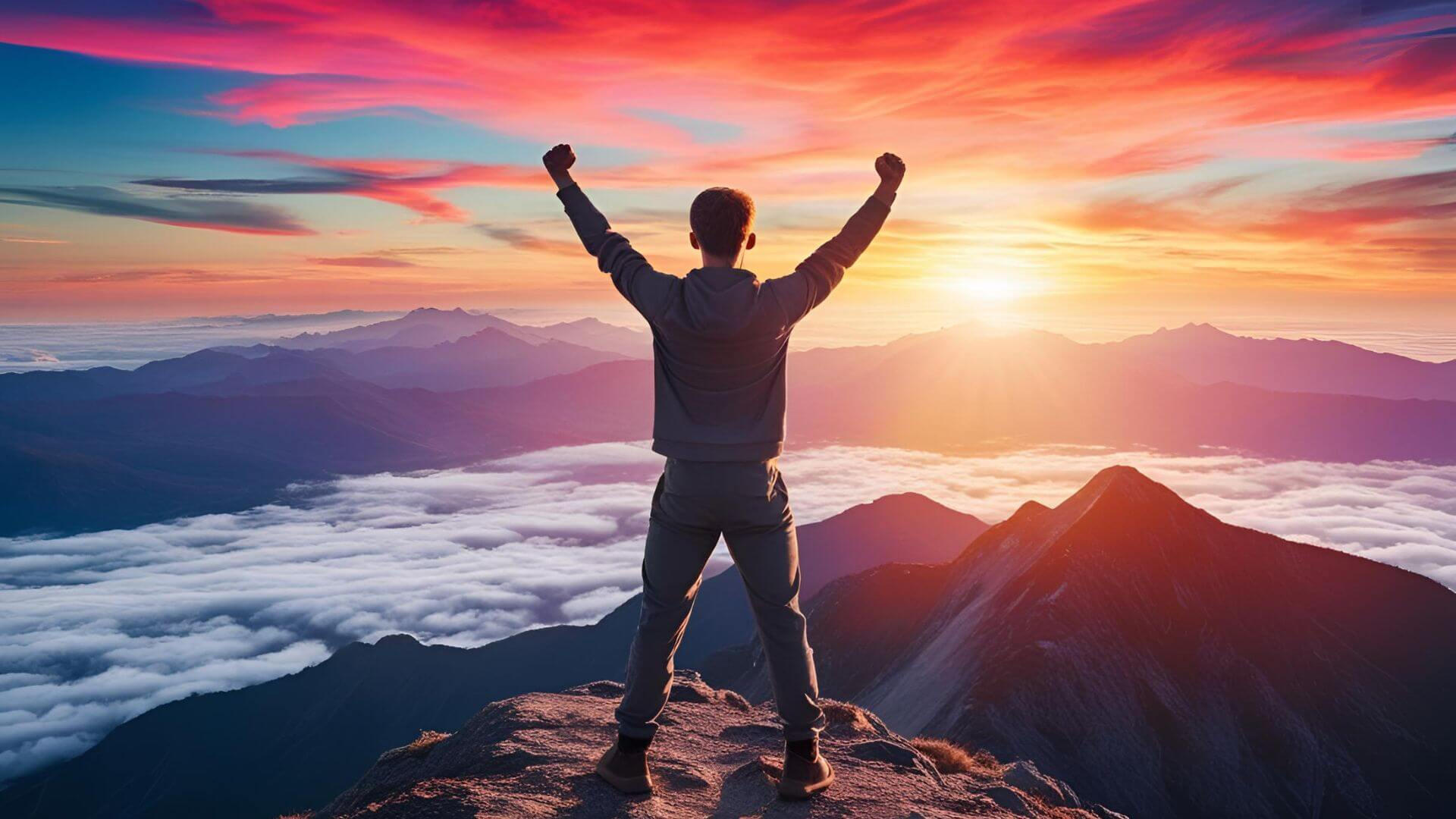 Man conquering a mountain A man on top of a mountain after facing his fears and healing his inner child.
