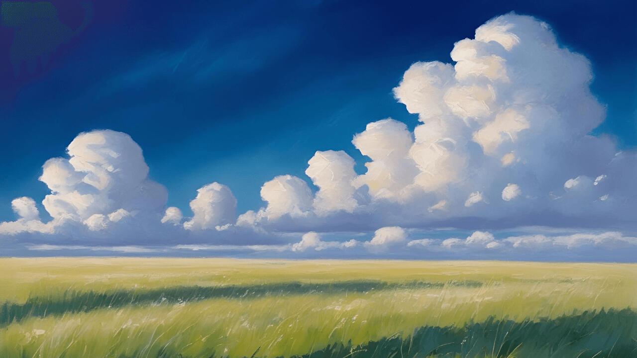 Blue Sky with White Clouds A blue sky with white clouds over a green field